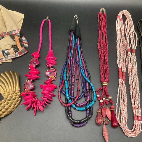 Vintage Fish Motif Jewelry Lot 8pc Beaded Necklaces Brass Belt Buckle Sash