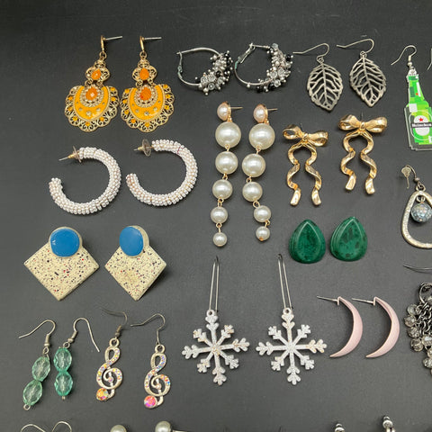 Vintage to Modern Costume Jewelry Lot 35+ Pairs Novelty Boho Hoops Studs Dangles