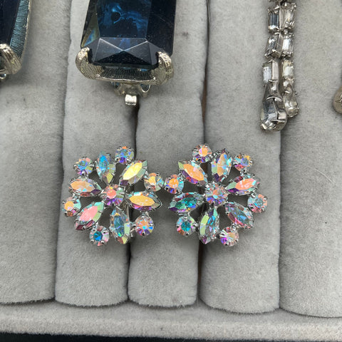 Vintage Clip-On Earrings Lot 8 Pairs B. David Signed Rhinestone AB Mid-Century