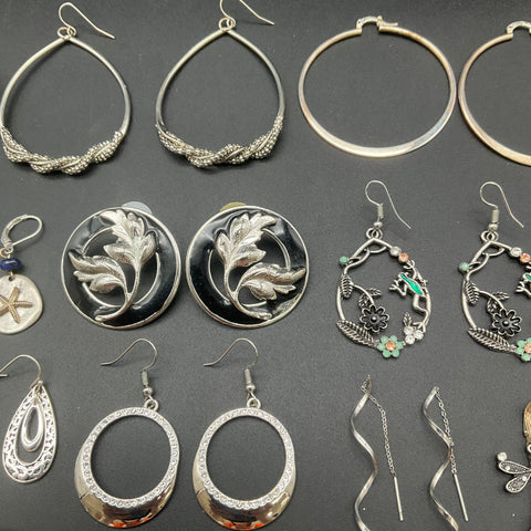 Silver Tone Fashion Earrings Jewelry Lot 17 Pairs Hoops Chandelier Rhinestone