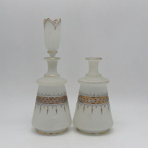 Vintage Frosted Satin Glass Decanter Set Gold Trim Hand Painted 2 Pcs 1 Stopper