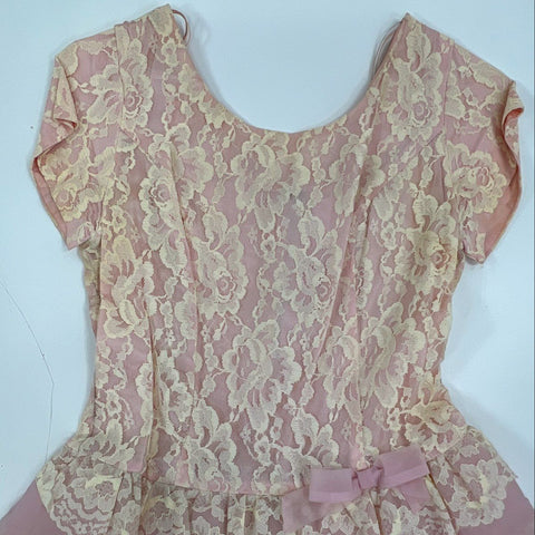 Vintage 60s Women's Pink Cream Tiered Ruffle Lace Fit & Flare Party Dress XS