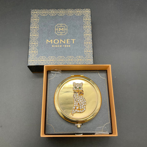 Monet Gold Tone Rhinestone Cat Compact Mirror Double Sided