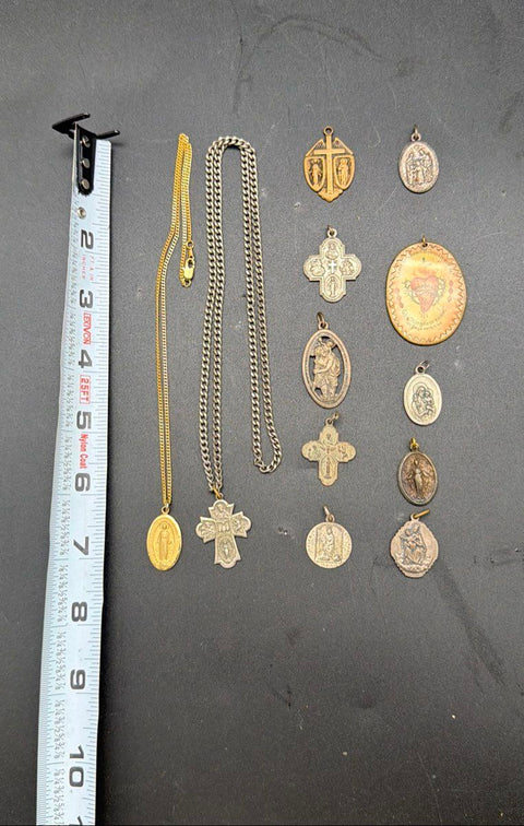 Vintage Antique Catholic Religious Medals Jewelry Lot 12pc Crosses Necklaces