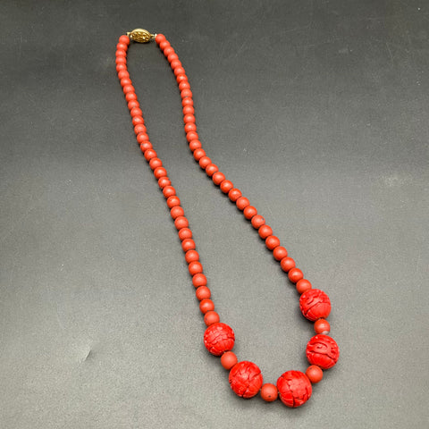 Vintage Faux Cinnabar Parure Set Necklace Carved Bangle Earrings Silver Clasp