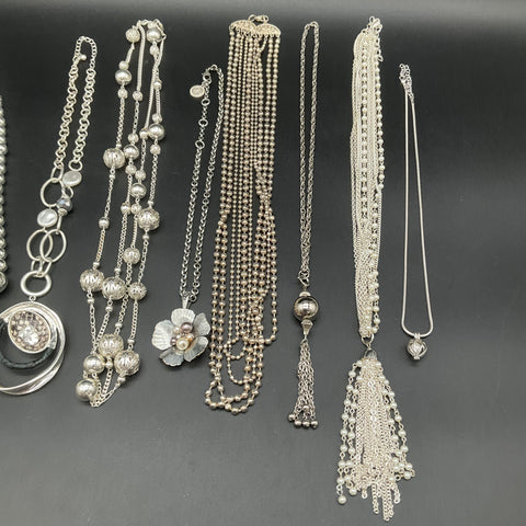 Vintage to Modern Costume Jewelry Necklace Lot of 9 Silver Tone Tassel Floral