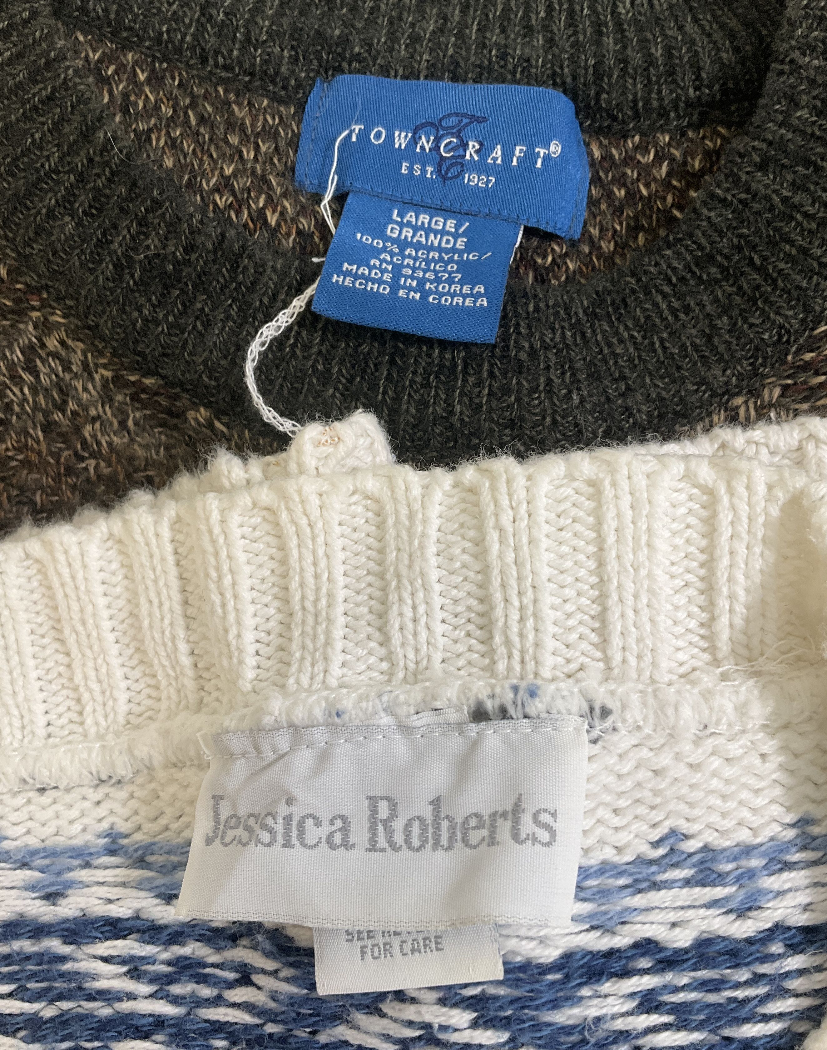 Vintage Sweater Lot 2 Towncraft Patchwork & Jessica Roberts Fair Isle Knit Sz L