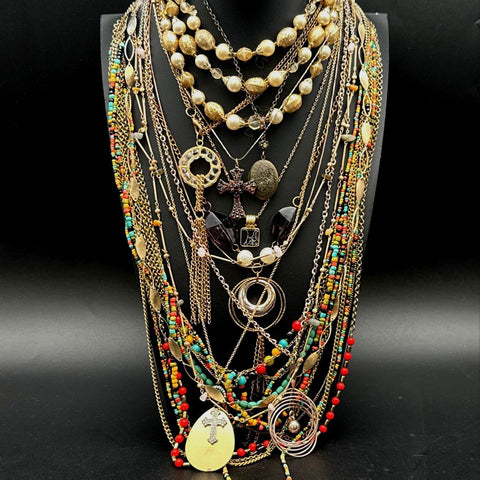 Vintage to Modern Gold Tone Costume Jewelry Lot Statement Necklaces Beaded Boho