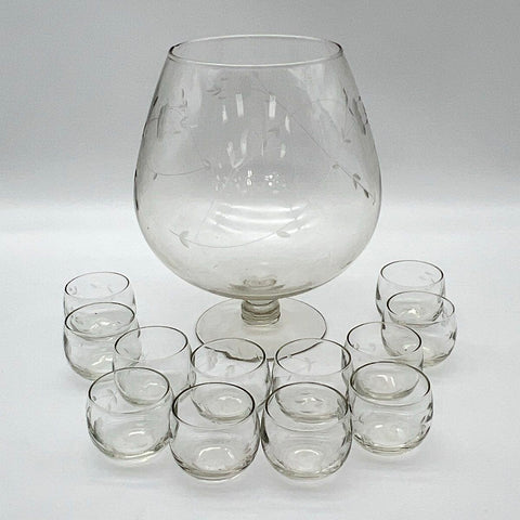 Etched Glass Punch Bowl Set 13 Piece Giant Snifter 12 Cups Floral Vine Vintage