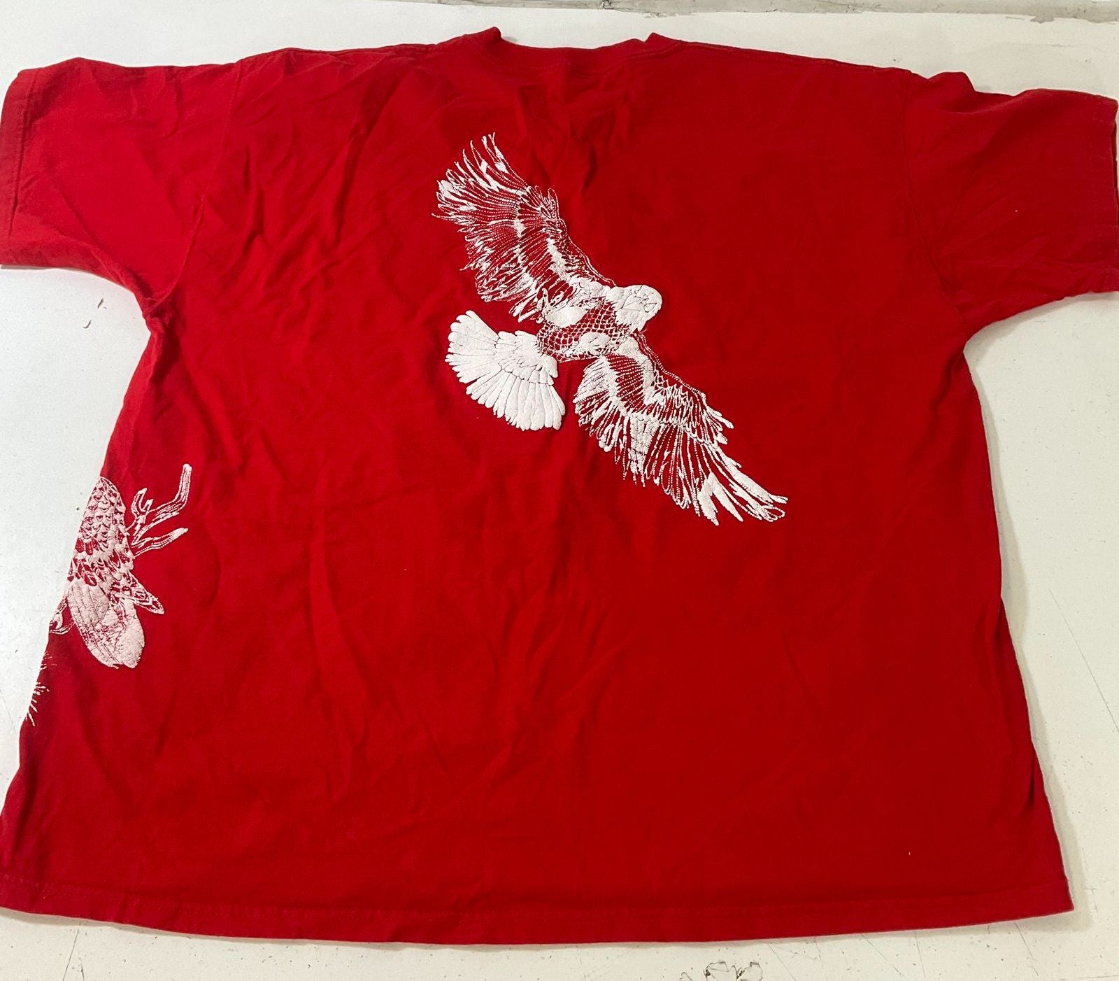 Vintage 90s F.O.E. Bald Eagle All Over Print Wrap Graphic T Shirt Red XL