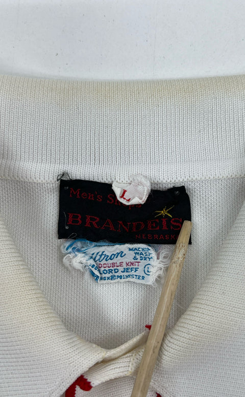 Vintage Men's Brandeis White & Red Short Sleeve Collared Polo Shirt - Size Large