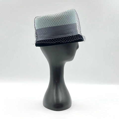 Vintage 60s Pillbox Hat with Veil Union Made Blue Gray Velvet 8" Diameter
