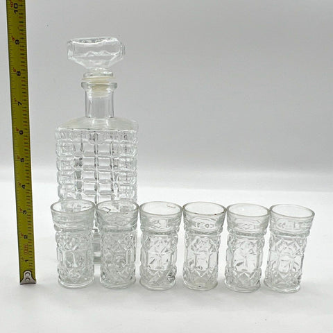 Vintage Pressed Glass Decanter Set 7 Piece Clear Block Diamond Point Barware