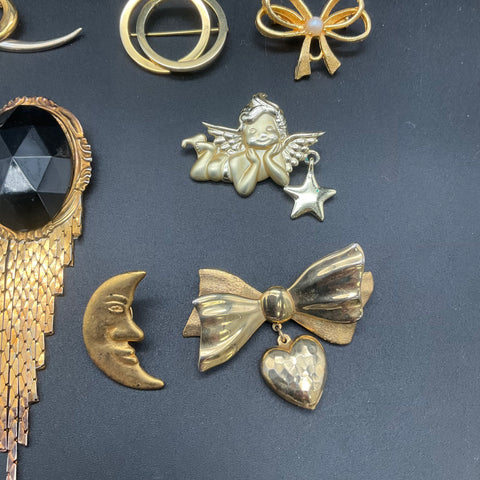 Vintage Costume Jewelry Brooch Lot of 11 Angels Celestial Cat Comet Bows