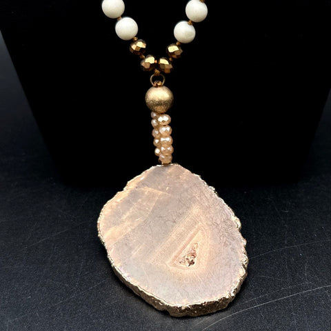 Bohemian Style Costume Jewelry Lot 3 Necklaces Wood Shell Geode Pendant