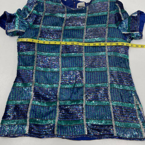 Vintage 90s Leslie Fay Women's Blue Silk Sequin Beaded Striped Evening Top Sz XL