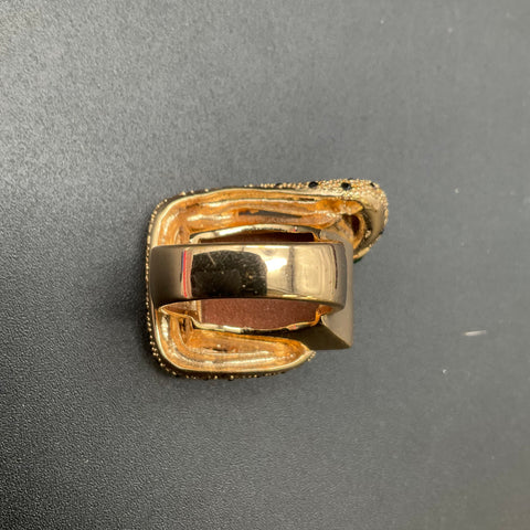 Gold Tone Snake Figural Cocktail Ring Size 9 Brown Glitter Stone Black Accents
