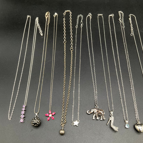 Mixed Costume Jewelry Necklace Lot 22 Pieces Silver Tone Pendants Fashion 0.23lb