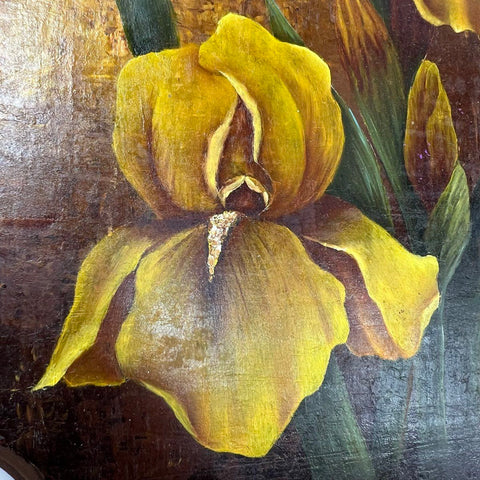 R. Scranton Oil on Wood Panel Painting Yellow Iris Floral Signed 12x10.5 Art