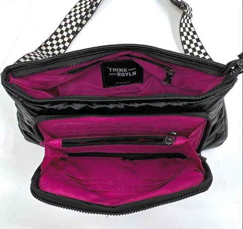 Think Royln Black Quilted Puffer Crossbody Bag Checkered Strap Gunmetal