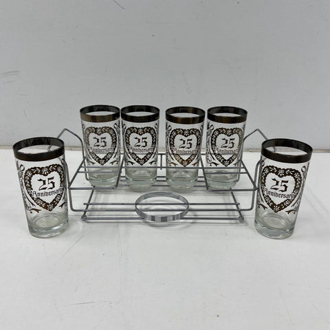 Vintage 25th Anniversary Glasses Set of 6 Silver Trim Tumblers With Wire Caddy