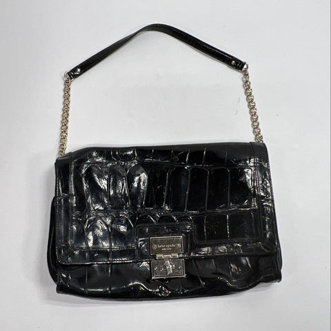 Kate Spade Black Croc Embossed Leather Large Flap Shoulder Bag Silver Hardware