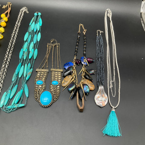 Mixed Costume Jewelry Lot 1.4 Lbs 10 Necklaces Boho Beaded Tassel Turquoise Tone