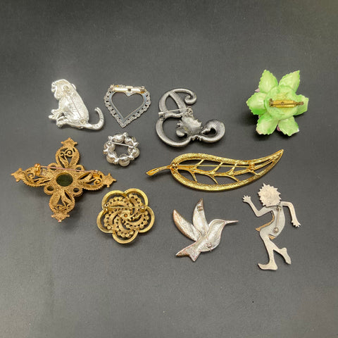 Vintage Costume Jewelry Brooch Lot of 10 Leopard Hummingbird Floral Rhinestone