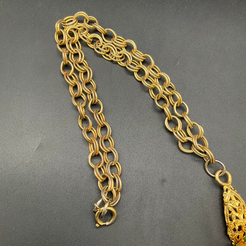 Vintage Etruscan Revival Gold Tone Fob Necklace & Cabochon Cross Pendant Lot