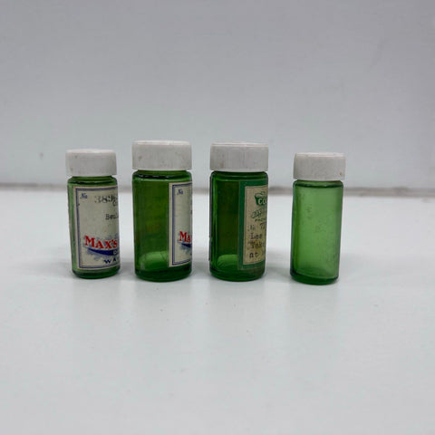 Vintage Rexall Apothecary Lot 6 Pieces Green Glass Bottles & Prescription Boxes