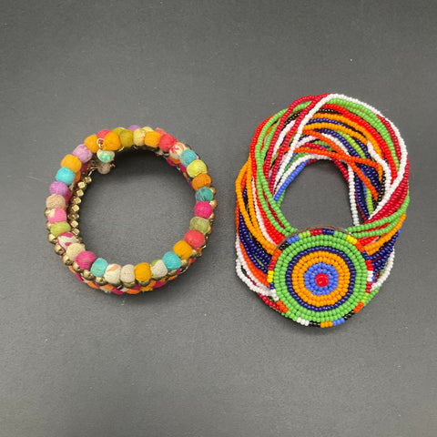 Boho Jewelry Lot 8pc Beaded Turquoise Style Maasai Textile Hammered Gold Cuff