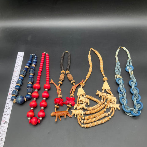 Vintage Boho Wooden Jewelry Lot 5 Necklaces Carved Elephant Cow Beads