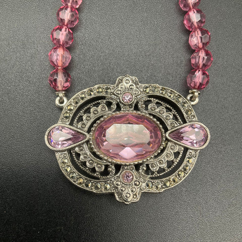 1928 Jewelry Silver Tone Pink Crystal Marcasite Victorian Revival Necklace 18"