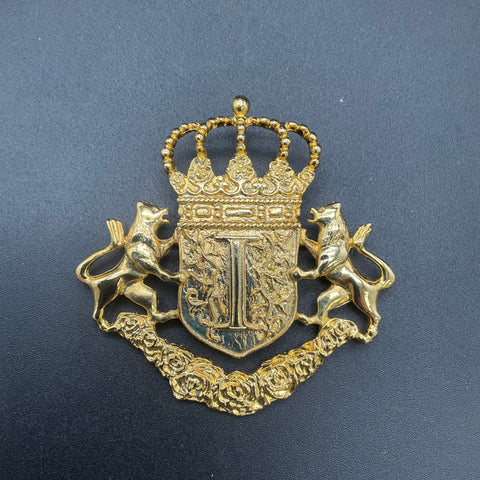 Vintage Ivana Crest Brooch Gold Tone Crown Lion Shield Rose Pin With Box
