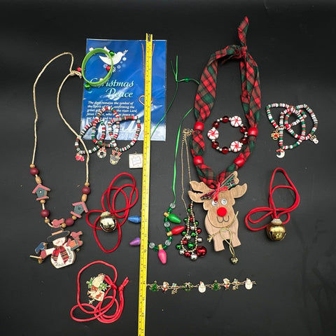 Holiday Christmas Costume Jewelry Lot 1 lb Reindeer Snowman Santa Beads Bells