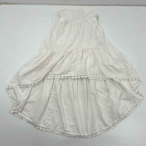 Maeve Anthropologie Women's White Tiered High-Low Seersucker Pom Pom Dress Sz L