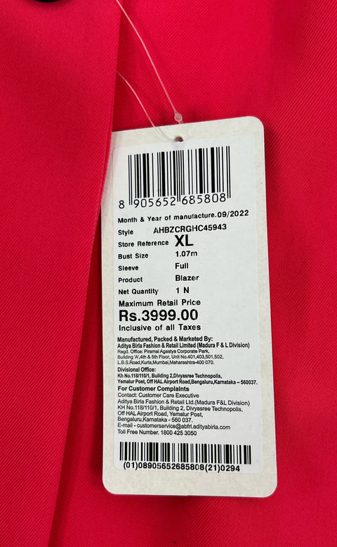 NWT Women's Allen Solly Salmon Pink Blazer Suit Jacket with Pin - Size XL