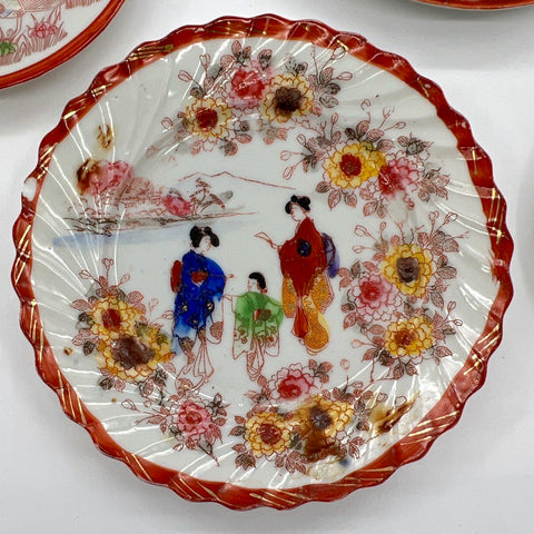 Vintage Japanese Hand Painted Geisha Porcelain Dish Lot 7pc Landscape Japan