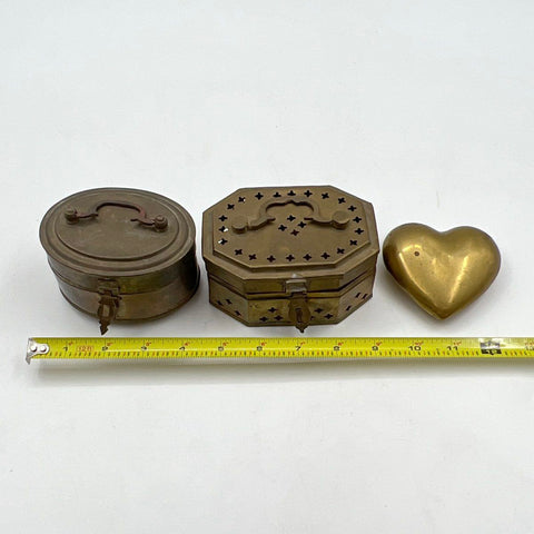 Vintage Brass Lot 3 Pieces Pierced Cricket Box Oval Casket Heart Paperweight