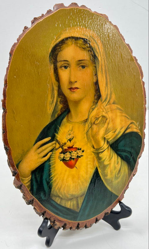 Vintage RLD Sacred Heart of Mary Lithograph on Bark Edge Wood Plaque 15x10