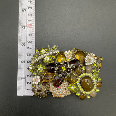 Upcycled Jewelry Belt Buckle Women's Green Amber Brown Rhinestone Floral Boho