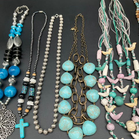 Boho Southwestern Fashion Jewelry Lot 10 Necklaces Faux Turquoise Beaded Tassel