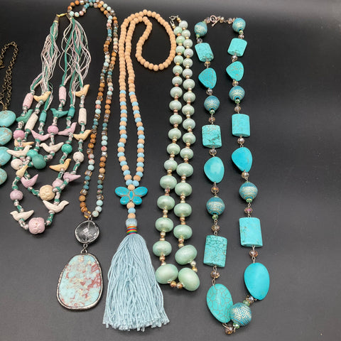 Boho Southwestern Fashion Jewelry Lot 10 Necklaces Faux Turquoise Beaded Tassel