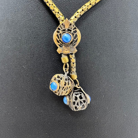Vintage Art Nouveau Style Brass Tone Blue Stone Filigree Lariat Necklace