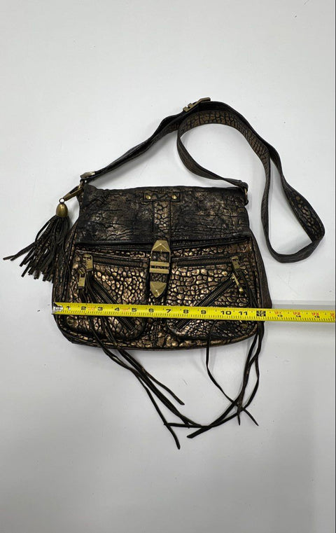 Rebecca Minkoff Copper Metallic Crackled Leather Flap Crossbody Bag Brass Tassel