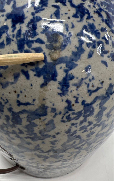 Vintage Spongeware Ceramic Table Lamp Blue and White Splatter Glaze 10 Inch