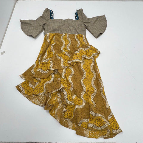 LuLualways Yellow Brown Plaid Lace Ruffle Asymmetrical Dress Women's Size 9