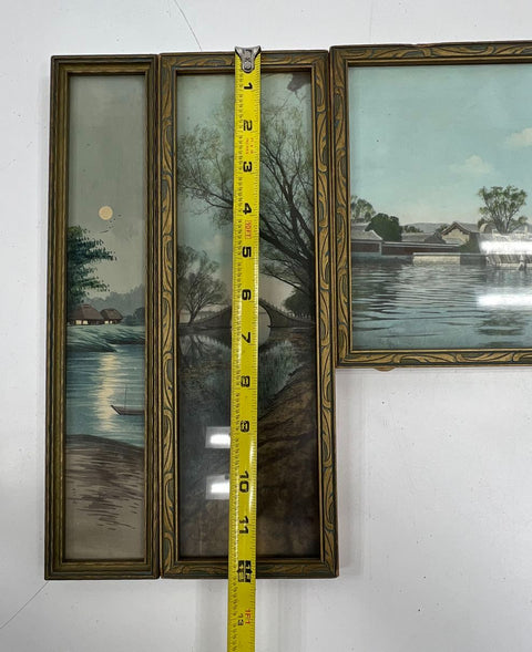 Antique Asian Art Print Triptych Set 3 Summer Palace Camel Back Bridge Framed
