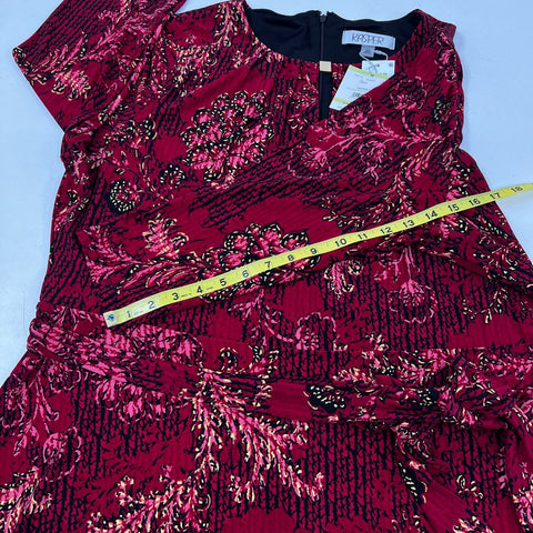 Kasper Women's Dress Red Black Multi Floral Pleated Neck Self-Tie Belt Sz 18W