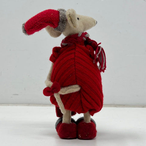 Christmas Rat Figurine Felt Fabric Holiday Decor 10 Inch Red Knitted Outfit